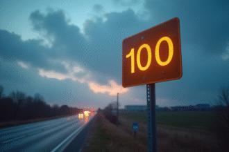 Panneau lumineux indiquant 100 miles au lever du soleil