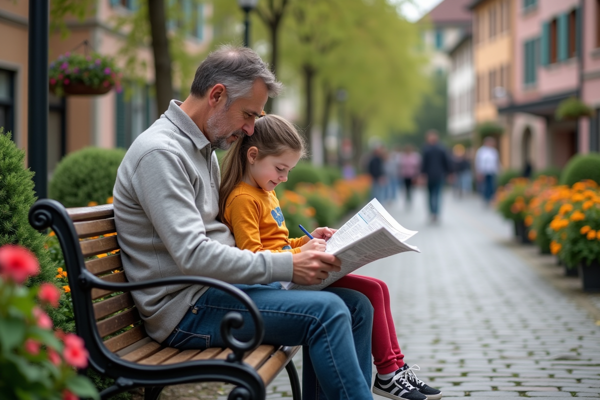 Père et fille assis sur un banc dans un village pittoresque
