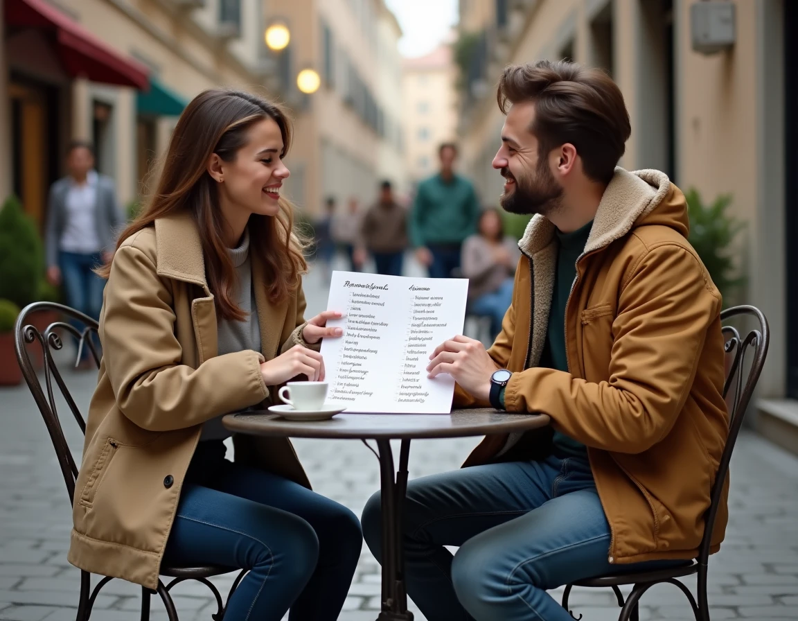 Deux participants à un atelier d'écriture collaborant sur des jeux de mots et des rimes en terrasse de café