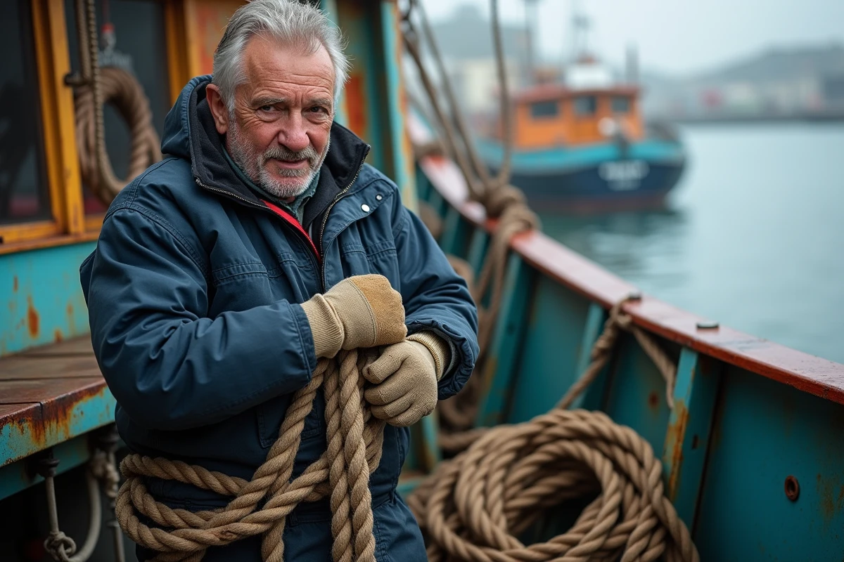 Pêcheur nouant un cordage épais sur le pont d'un bateau de pêche dans un port
