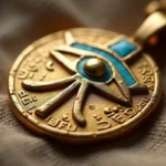 Pendentif œil d'Horus en or ancien avec détails hiéroglyphiques gravés et incrustations de turquoise sur tissu de lin