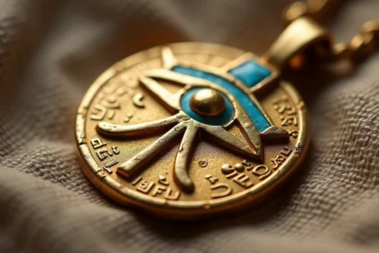 Pendentif œil d'Horus en or ancien avec détails hiéroglyphiques gravés et incrustations de turquoise sur tissu de lin
