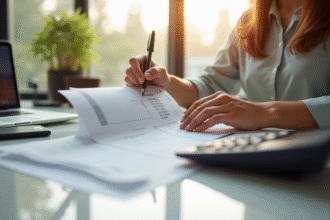 Personne tenant une fiche de paie et une calculatrice au bureau