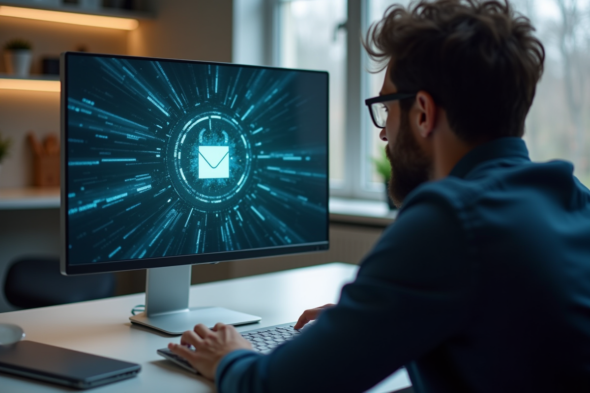 Femme concentrée regardant un écran de messagerie webmail
