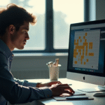 Personne concentrée jouant à Minesweeper sur un bureau lumineux