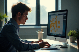 Personne concentrée jouant à Minesweeper sur un bureau lumineux