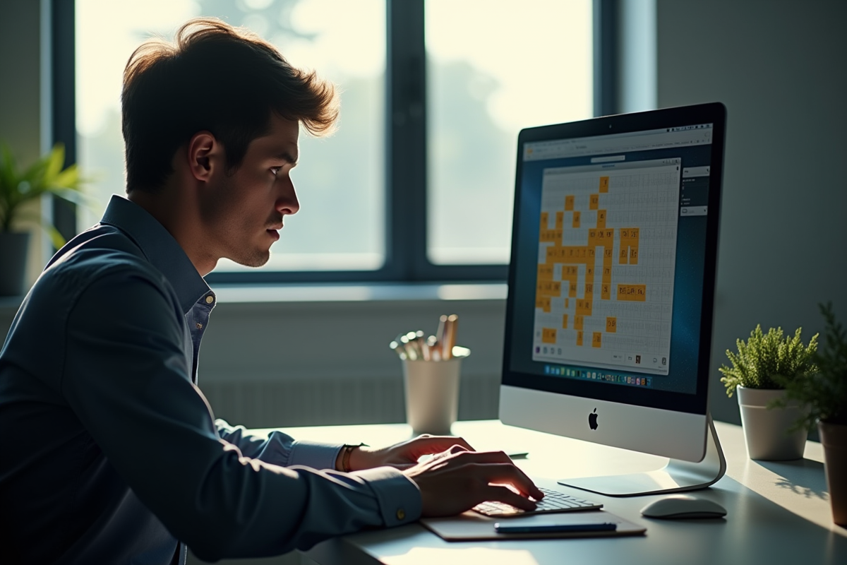 Personne concentrée jouant à Minesweeper sur un bureau lumineux
