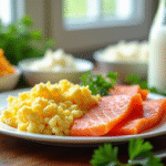 Table de petit déjeuner avec oeufs et saumon frais