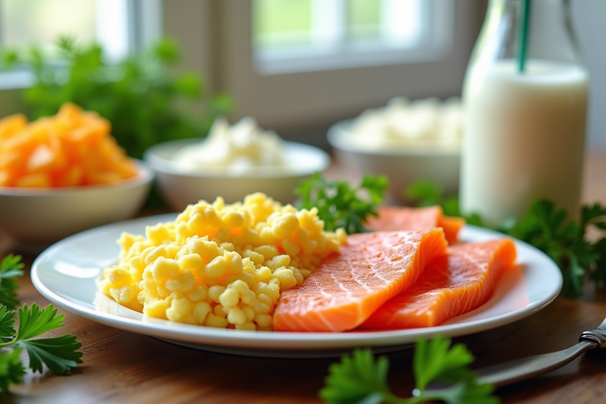 Table de petit déjeuner avec oeufs et saumon frais