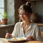 Jeune femme souriante dégustant des œufs au petit déjeuner