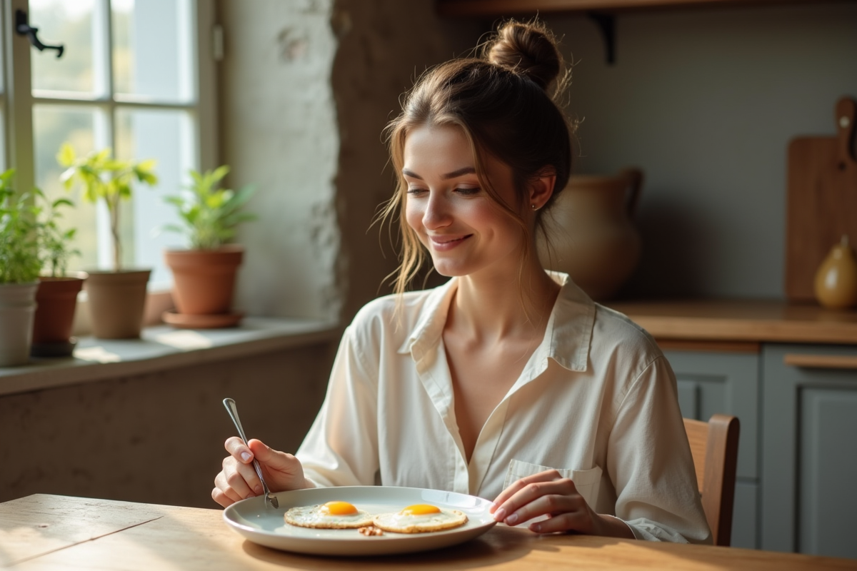 Jeune femme souriante dégustant des œufs au petit déjeuner