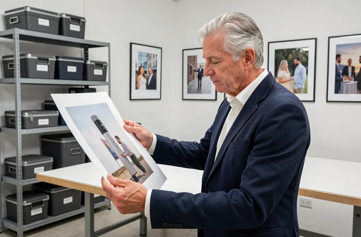 Pierre Prospero photographe examinant un tirage photo commercial dans son studio professionnel lyonnais