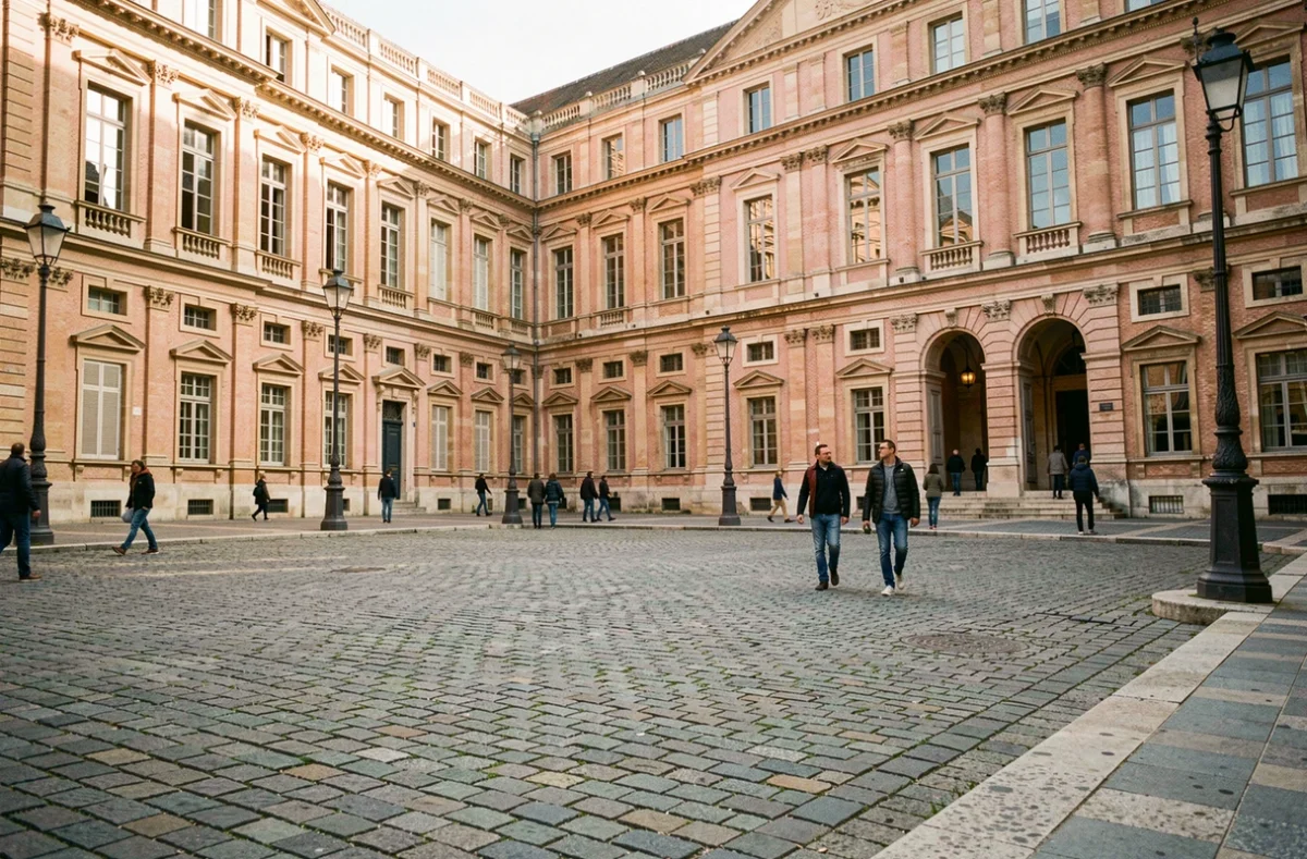 Place du Capitole à Toulouse avec ses façades en briques roses historiques, ses colonnes classiques et ses pavés, témoins de l'évolution urbaine de la ville