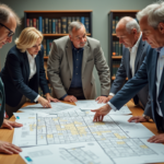 Groupe d'adultes analysant un plan urbain en réunion