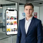 Jeune homme politique européen en costume marine devant un écran de réseau social, analyse communication digitale Instagram