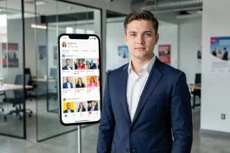 Jeune homme politique européen en costume marine devant un écran de réseau social, analyse communication digitale Instagram