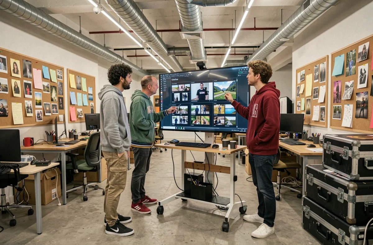 Équipe créative de Poly Prods collaborant dans un studio de production photo et vidéo à Lyon