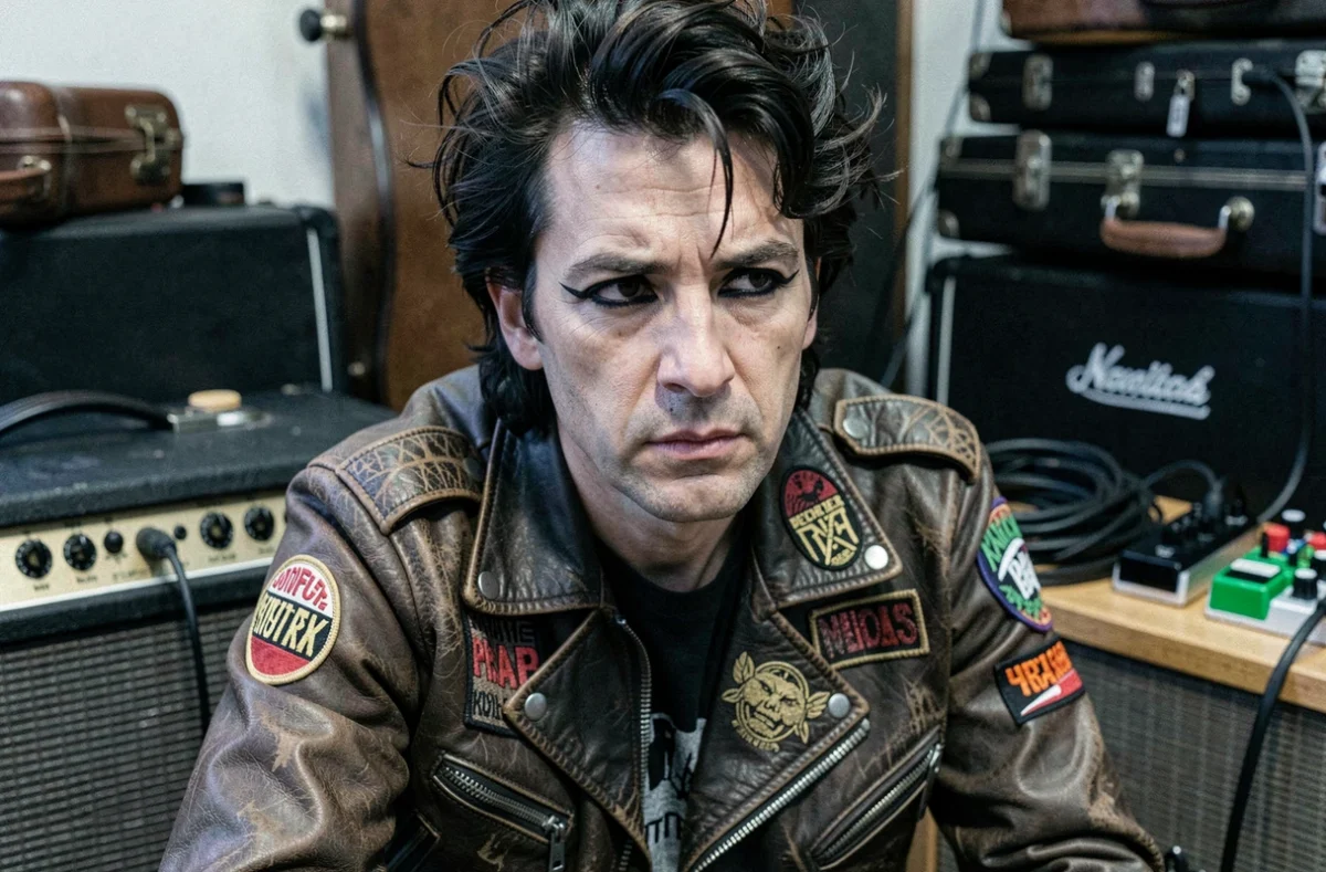Portrait en gros plan d'un musicien punk rock avec eye-liner et veste en cuir dans un studio de répétition