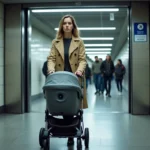 Femme avec poussette franchissant les portes automatiques d'une station de métro parisienne accessible ligne 6