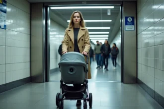 Femme avec poussette franchissant les portes automatiques d'une station de métro parisienne accessible ligne 6