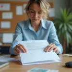 Femme préparant un CV dans une enveloppe avec une balance postale et des timbres sur un bureau en bois