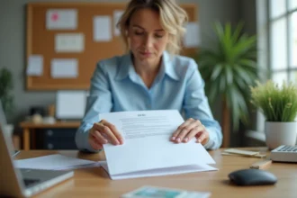 Femme préparant un CV dans une enveloppe avec une balance postale et des timbres sur un bureau en bois