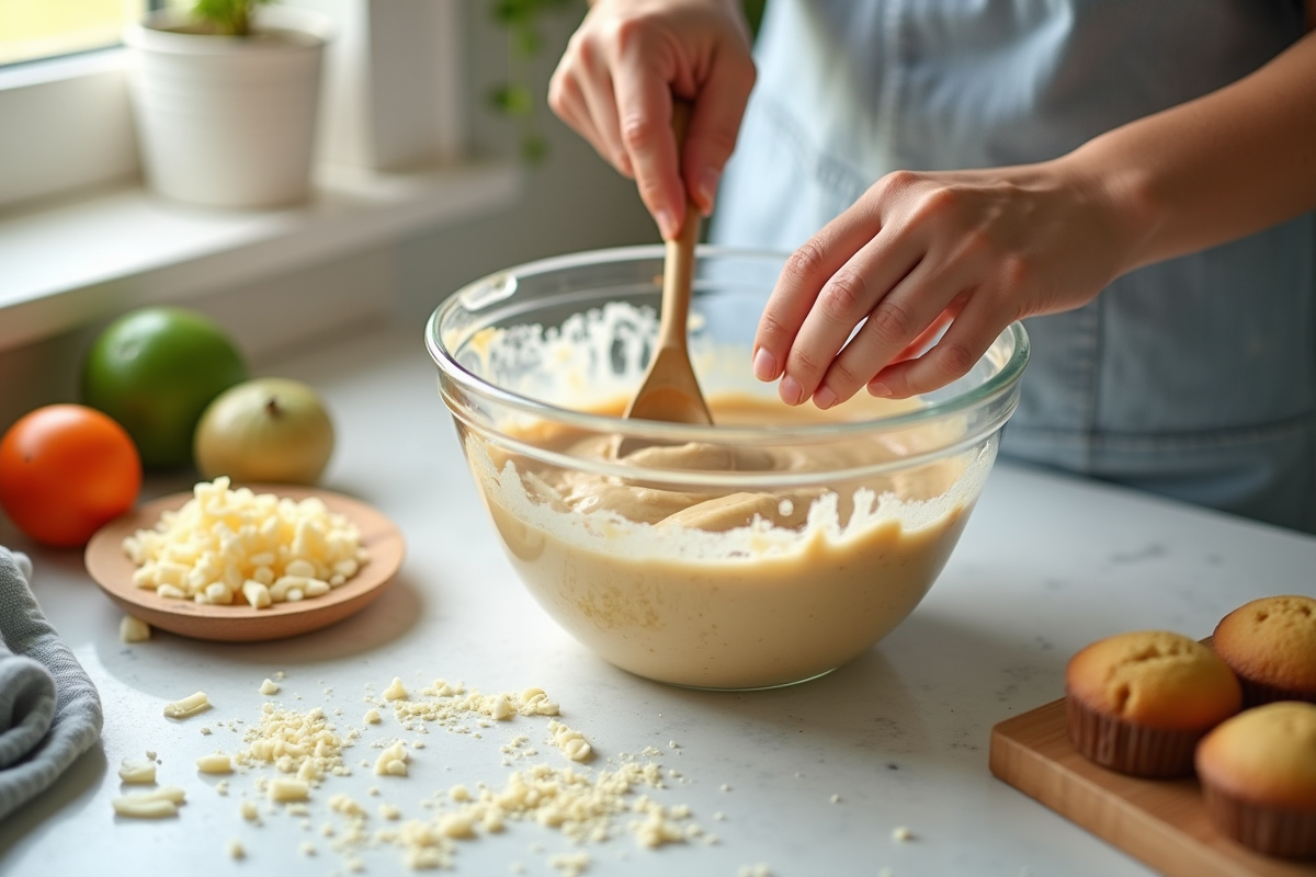 Mains mélangeant la pâte à muffins sans gluten dans un bol
