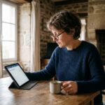 Femme bretonne utilisant une tablette pour prendre rendez-vous médical en ligne dans une maison en pierre