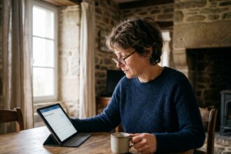Femme bretonne utilisant une tablette pour prendre rendez-vous médical en ligne dans une maison en pierre