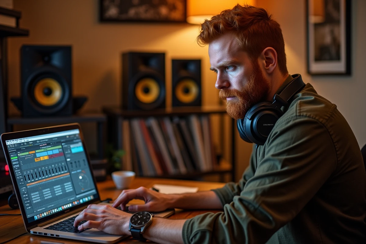 Producteur de musique roux concentré sur son ordinateur dans un home studio acoustique, casque audio autour du cou