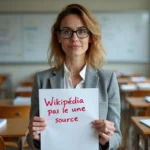Professeure tenant une copie annotée avec la mention Wikipédia n'est pas une source dans une salle de classe