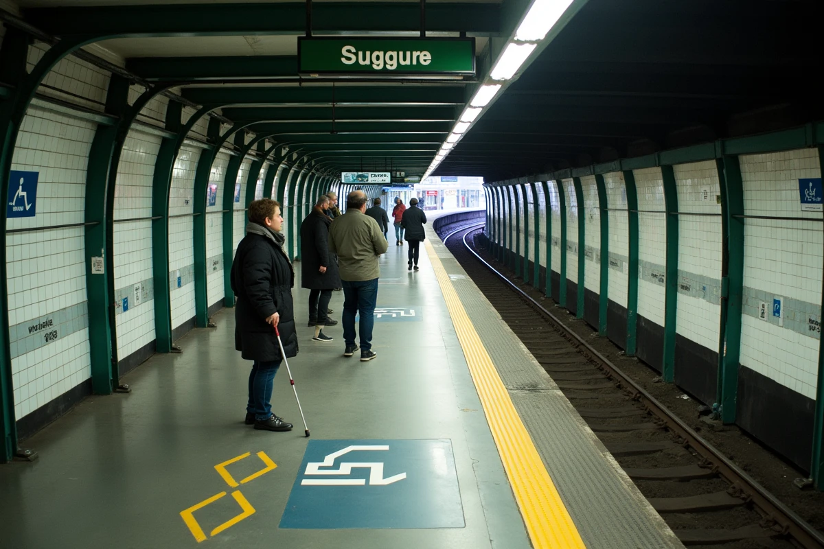 Vue en plongée d'un quai de station de métro ligne 6 avec bandes podotactiles et signalétique d'accessibilité PMR