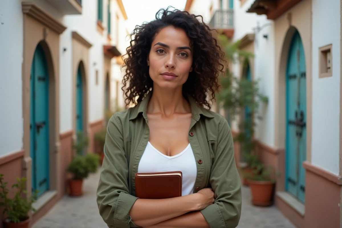 Femme tenant un journal dans une ruelle de médina marocaine, illustrant une quête personnelle sur les origines et les racines familiales