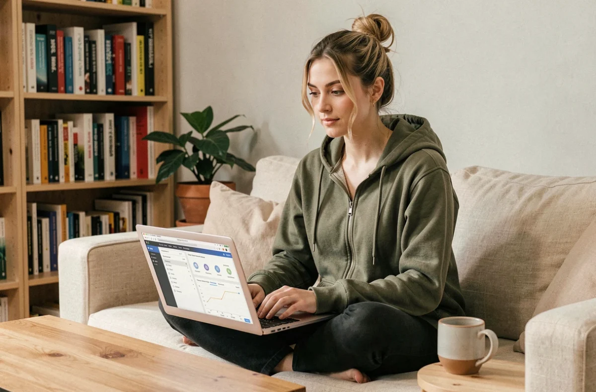 Jeune femme travaillant sur des outils de planification de mots-clés SEO sur un canapé dans un espace de travail à domicile cosy