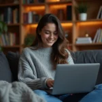 Jeune femme cherchant ses séries préférées sur une plateforme de streaming depuis son canapé