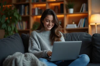 Jeune femme cherchant ses séries préférées sur une plateforme de streaming depuis son canapé