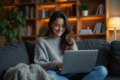 Jeune femme cherchant ses séries préférées sur une plateforme de streaming depuis son canapé