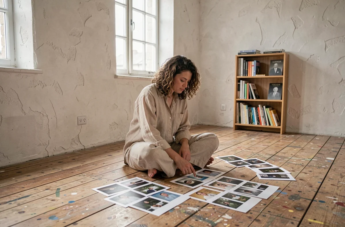 Photographe de Regard Auteur étudiant des planches contact dans un studio artistique épuré à Lyon