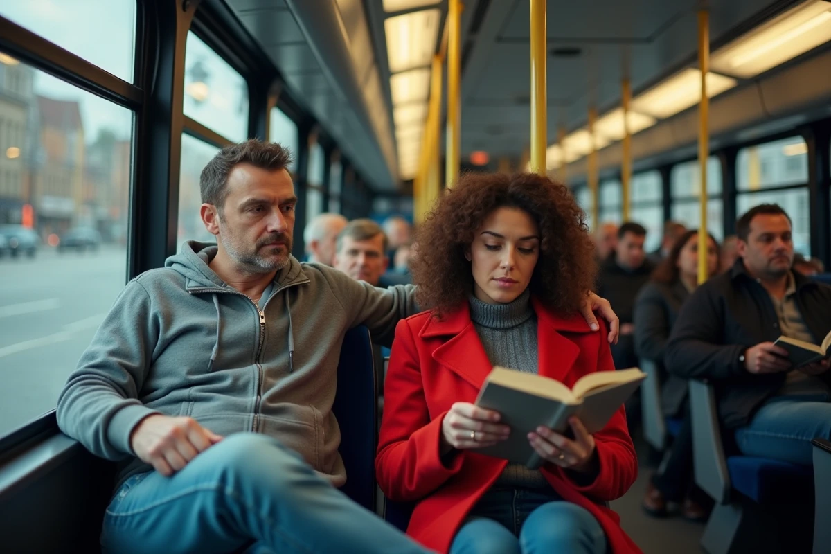 Passager masculin dans un bus urbain regardant une femme lisant un livre, dynamique sociale dans les transports quotidiens