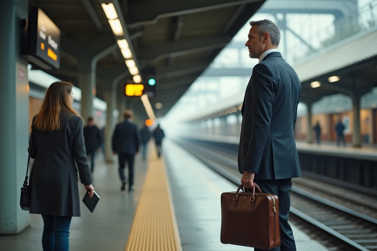 Homme en costume observant une femme sur un quai de gare bondé, comportement social et regard dans les transports urbains