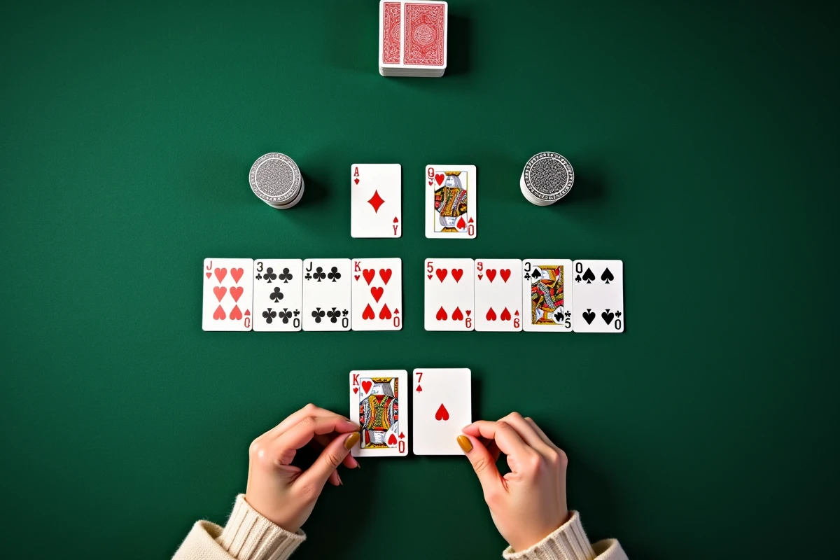 Vue aérienne d'une partie de crapette en cours avec les colonnes de cartes et les talons bien visibles sur un tapis vert
