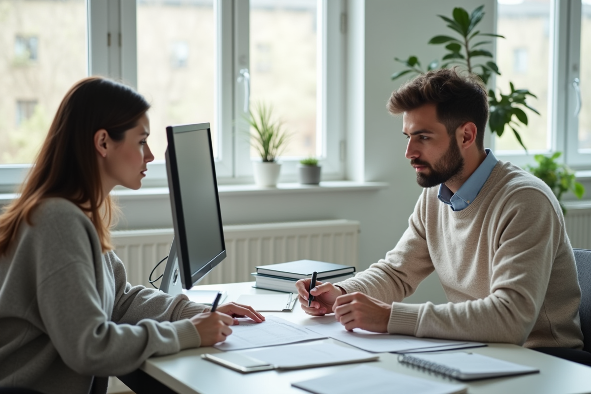 Jeune homme rencontre une assistante sociale dans un bureau lumineux
