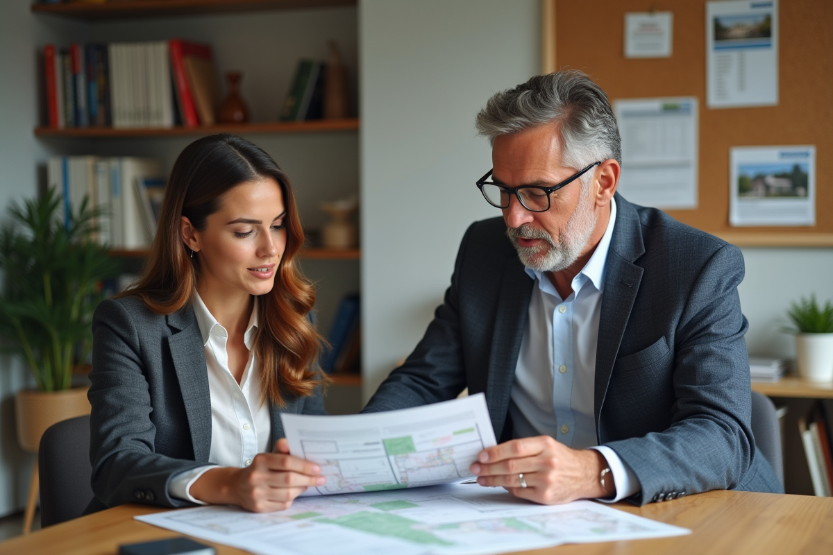 Jeune femme et agent immobilier discutant documents