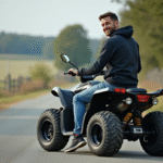 Homme en jeans et hoodie sur quad en campagne