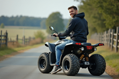 Homme en jeans et hoodie sur quad en campagne