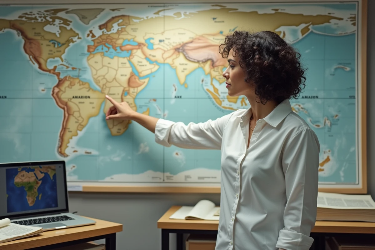 Scientifique comparant les longueurs du fleuve Amazone et du Nil sur une carte murale dans un laboratoire de cartographie moderne