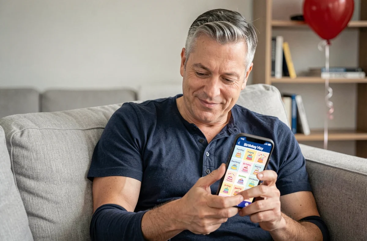 Homme sélectionnant un GIF d'anniversaire original sur son smartphone depuis son canapé