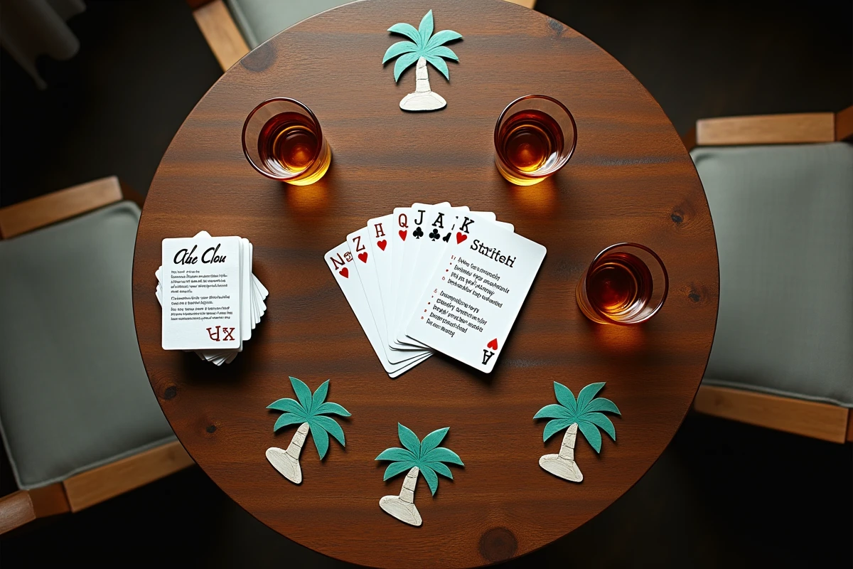 Vue de dessus du matériel du jeu palmier avec cartes à jouer, verres de shot et règles manuscrites sur une table en bois