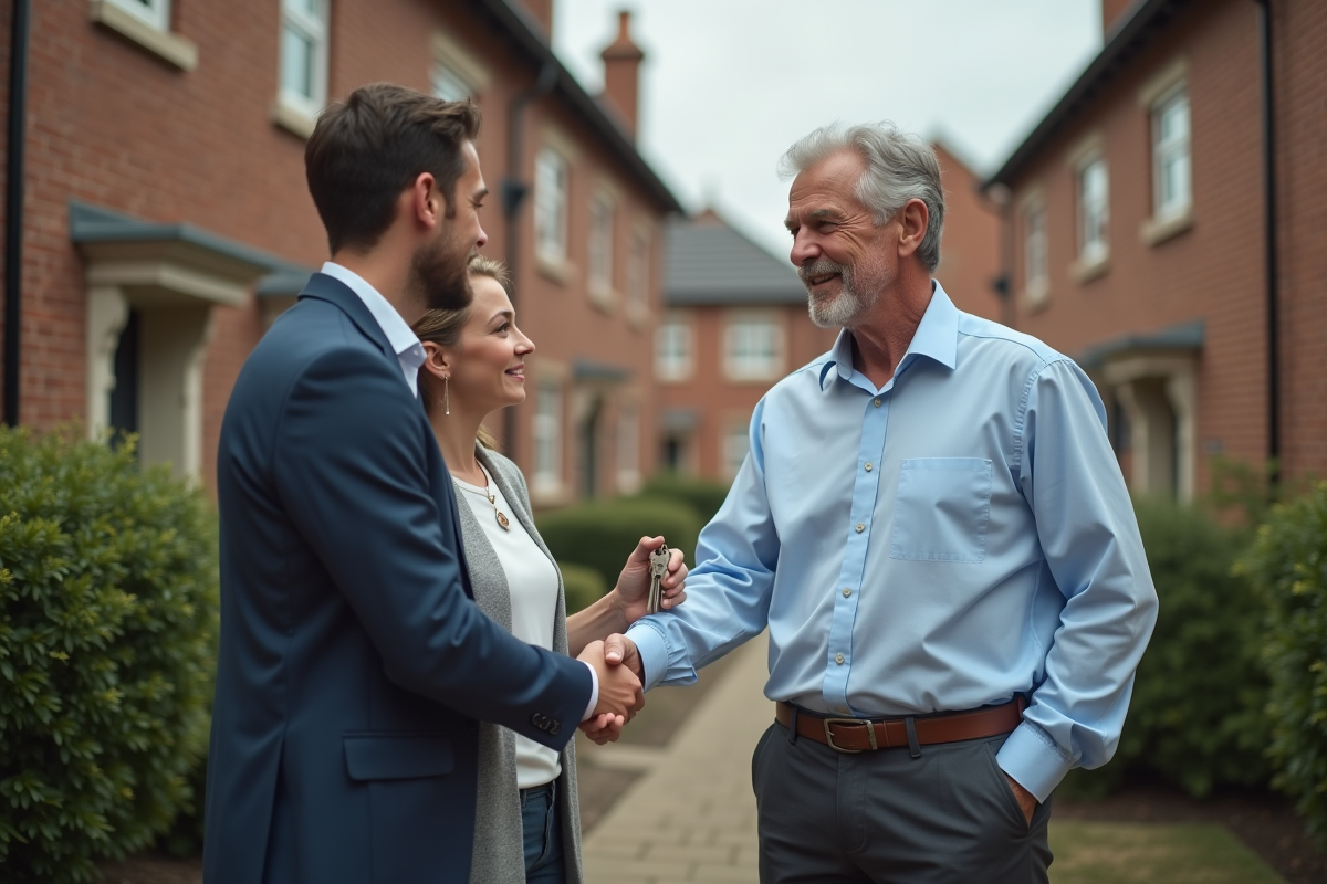 Homme remettant des clés à un couple devant une maison en briques