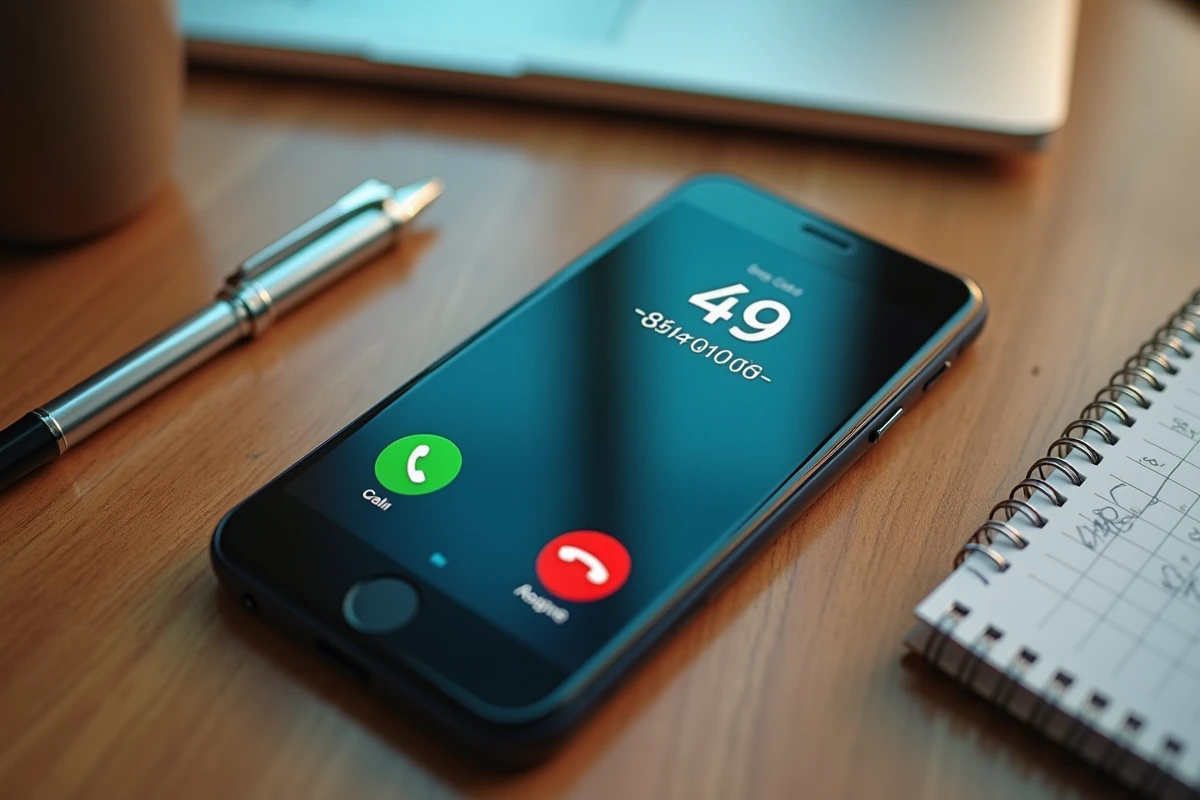 Gros plan sur un smartphone affichant un appel entrant depuis un numéro avec l'indicatif 49 posé sur un bureau en bois